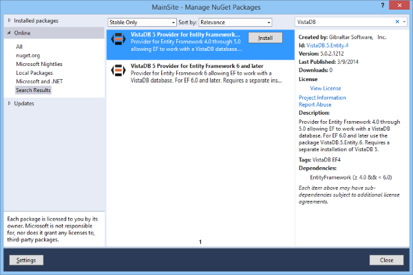 NuGet Packages for VistaDB Entity Framework Support